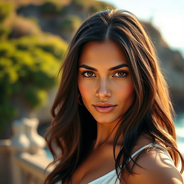 35-year-old woman with dark hair and tanned skin, expressive striking eyes, of Latin appearance, wearing stylish clothing