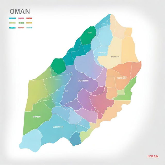 A high-quality digital art map of Oman, showcasing the geographical layout with color gradients to represent altitudes