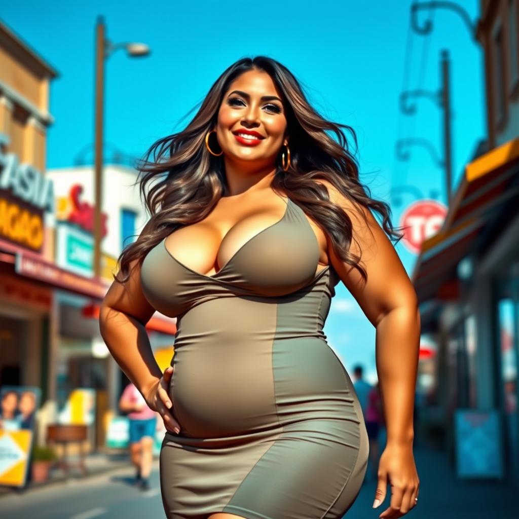 A voluptuous woman with big breasts, wearing a figure-hugging, stylish dress that accentuates her hourglass figure