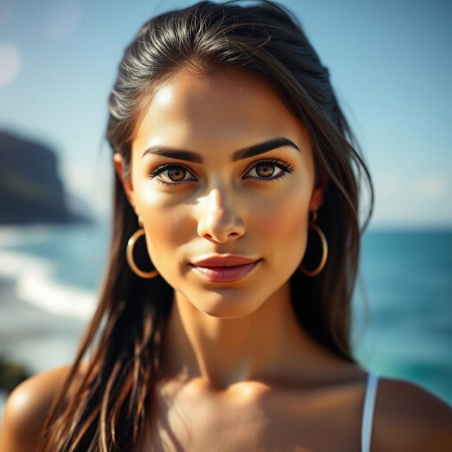 A 35-year-old woman with dark hair and sun-kissed skin, showcasing striking expressive eyes that reflect her Latin heritage