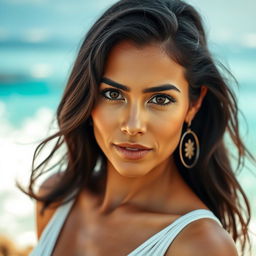 A 35-year-old woman with dark hair and sun-kissed skin, showcasing striking expressive eyes that reflect her Latin heritage