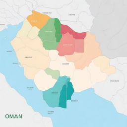 A high-quality digital art map of Oman, showcasing the geographical layout with color gradients to represent altitudes