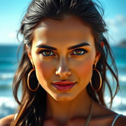 A 35-year-old woman with dark hair and sun-kissed skin, showcasing striking expressive eyes that reflect her Latin heritage