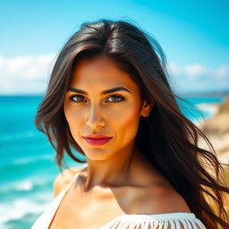 A 35-year-old woman with dark hair and sun-kissed skin, showcasing striking expressive eyes that reflect her Latin heritage