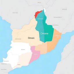 A high-quality digital art map of Oman, showcasing the geographical layout with color gradients to represent altitudes