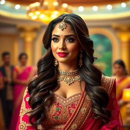 A Bollywood actress in a glamorous traditional outfit, wearing an intricately designed lehenga with vibrant colors and elaborate embroidery