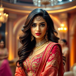 A Bollywood actress in a glamorous traditional outfit, wearing an intricately designed lehenga with vibrant colors and elaborate embroidery