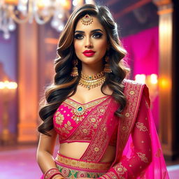 A Bollywood actress in a glamorous traditional outfit, wearing an intricately designed lehenga with vibrant colors and elaborate embroidery