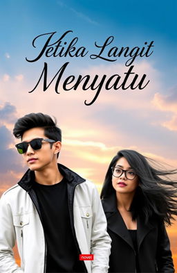 A novel cover for 'Ketika Langit Menyatu', featuring a stylish young man wearing a white jacket, black sunglasses, and black hair