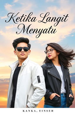 A novel cover for 'Ketika Langit Menyatu', featuring a stylish young man wearing a white jacket, black sunglasses, and black hair