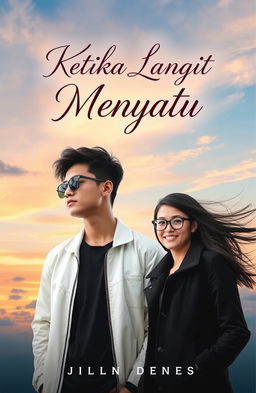 A novel cover for 'Ketika Langit Menyatu', featuring a stylish young man wearing a white jacket, black sunglasses, and black hair