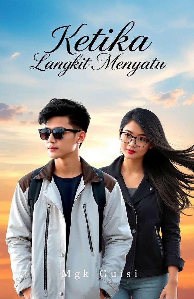 A novel cover for 'Ketika Langit Menyatu', featuring a stylish young man wearing a white jacket, black sunglasses, and black hair