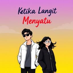 A cartoon-style novel cover for 'Ketika Langit Menyatu', featuring a young man in a white jacket and black sunglasses with black hair