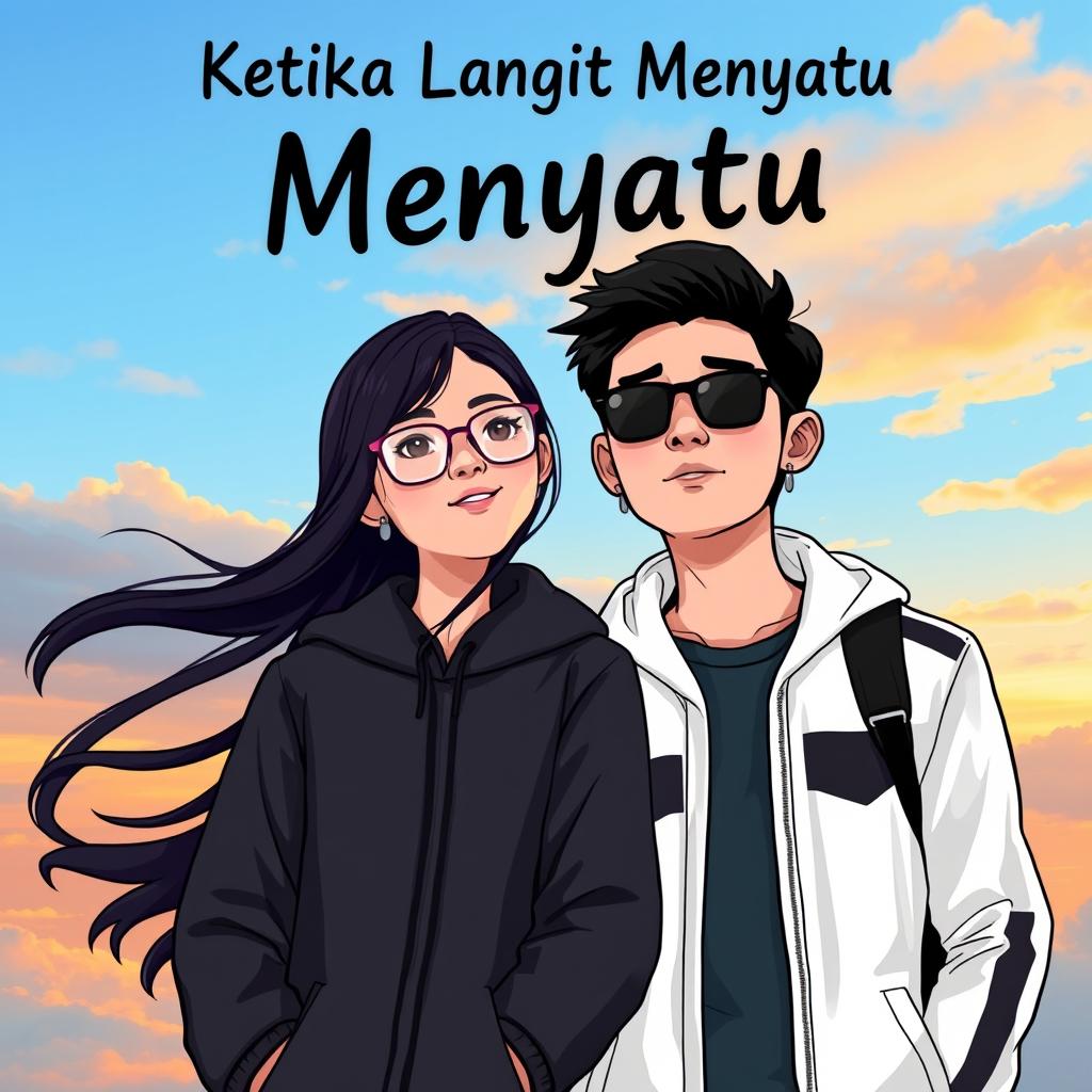 A cartoon-style novel cover for 'Ketika Langit Menyatu', featuring a young man in a white jacket and black sunglasses with black hair