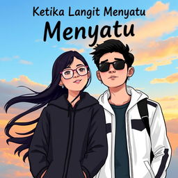 A cartoon-style novel cover for 'Ketika Langit Menyatu', featuring a young man in a white jacket and black sunglasses with black hair