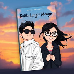 A cartoon-style novel cover for 'Ketika Langit Menyatu', featuring a young man in a white jacket and black sunglasses with black hair