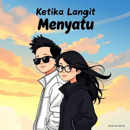 A cartoon-style novel cover for 'Ketika Langit Menyatu', featuring a young man in a white jacket and black sunglasses with black hair