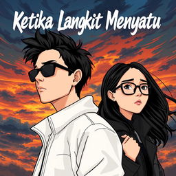 An aesthetic and angst-themed cartoon-style novel cover for 'Ketika Langit Menyatu'
