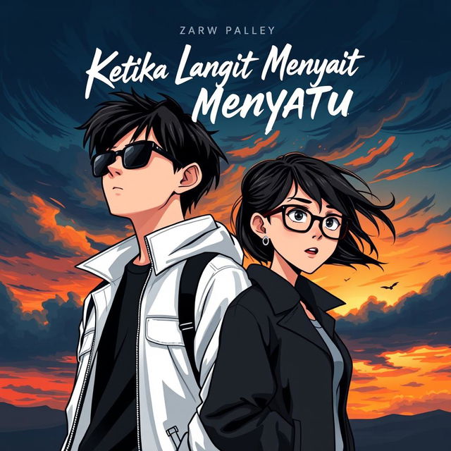 An aesthetic and angst-themed cartoon-style novel cover for 'Ketika Langit Menyatu'