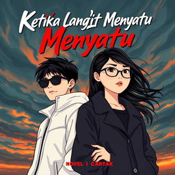 An aesthetic and angst-themed cartoon-style novel cover for 'Ketika Langit Menyatu'