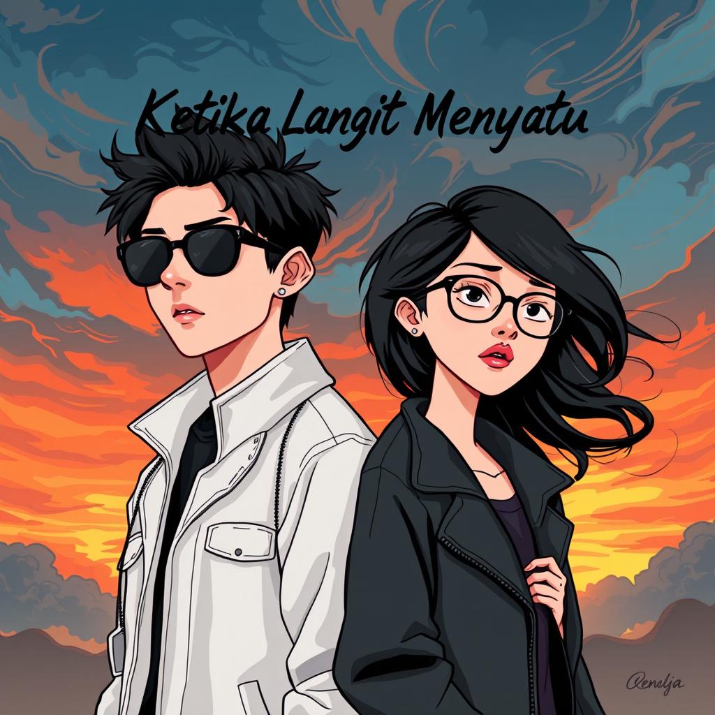 An aesthetic and angst-themed cartoon-style novel cover for 'Ketika Langit Menyatu'