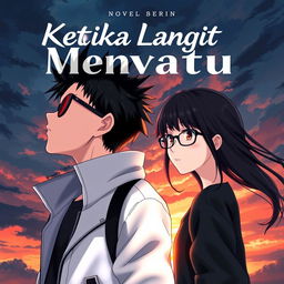 An aesthetic and angst-style novel cover for 'Ketika Langit Menyatu', featuring anime-style characters