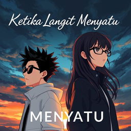 An aesthetic and angst-style novel cover for 'Ketika Langit Menyatu', featuring anime-style characters