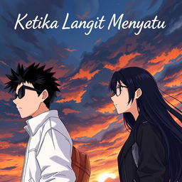 An aesthetic and angst-style novel cover for 'Ketika Langit Menyatu', featuring anime-style characters