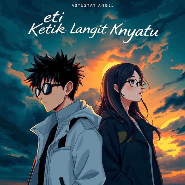 An aesthetic and angst-style novel cover for 'Ketika Langit Menyatu', featuring anime-style characters