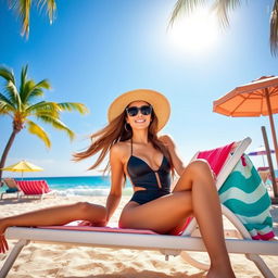 A beautiful woman lounging on a beach chair, wearing a stylish swimsuit, set against a picturesque beach scene