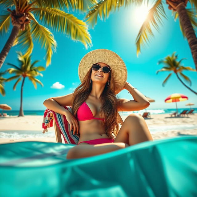 A beautiful woman lounging on a beach chair, wearing a stylish swimsuit, set against a picturesque beach scene