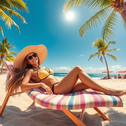 A beautiful woman lounging on a beach chair, wearing a stylish swimsuit, set against a picturesque beach scene