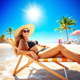 A beautiful woman lounging on a beach chair, wearing a stylish swimsuit, set against a picturesque beach scene