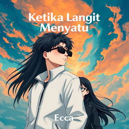 An aesthetic and angst-themed anime-style novel cover for 'Ketika Langit Menyatu', featuring a young man and woman