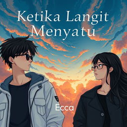 An aesthetic and angst-themed anime-style novel cover for 'Ketika Langit Menyatu', featuring a young man and woman