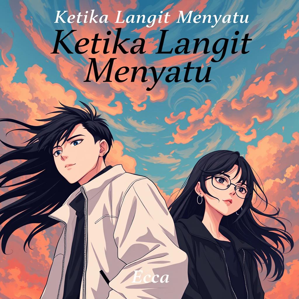 An aesthetic and angst-themed anime-style novel cover for 'Ketika Langit Menyatu', featuring a young man and woman