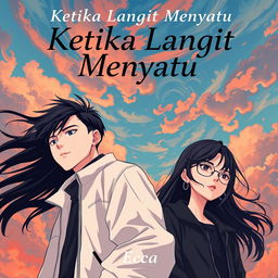 An aesthetic and angst-themed anime-style novel cover for 'Ketika Langit Menyatu', featuring a young man and woman