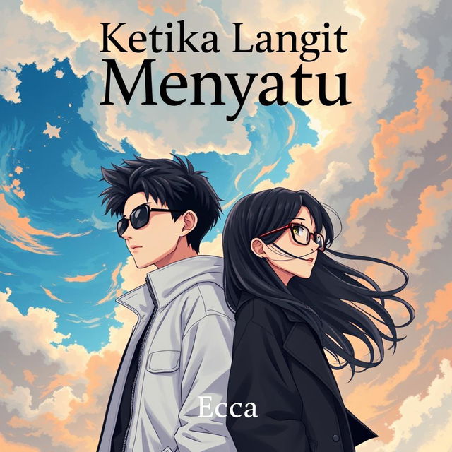 An aesthetic and angst-themed anime-style novel cover for 'Ketika Langit Menyatu', featuring a young man and woman