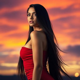 A strikingly beautiful woman with long flowing black hair, wearing a revealing red dress that clings to her curves, standing confidently against a dramatic sunset backdrop