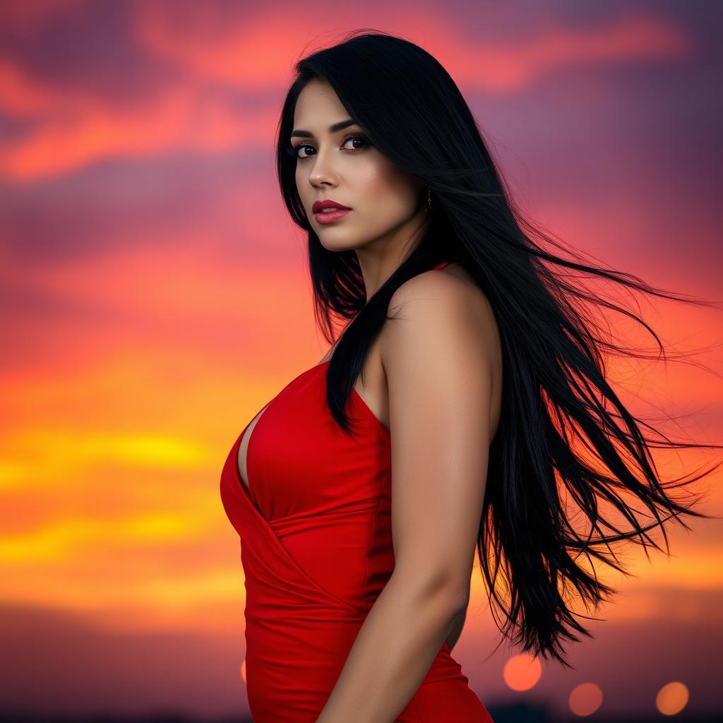 A strikingly beautiful woman with long flowing black hair, wearing a revealing red dress that clings to her curves, standing confidently against a dramatic sunset backdrop