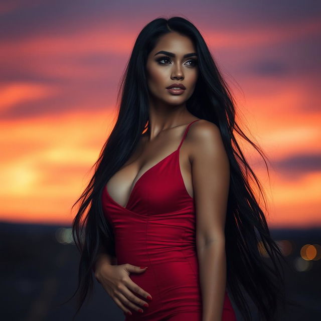 A strikingly beautiful woman with long flowing black hair, wearing a revealing red dress that clings to her curves, standing confidently against a dramatic sunset backdrop