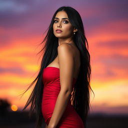 A strikingly beautiful woman with long flowing black hair, wearing a revealing red dress that clings to her curves, standing confidently against a dramatic sunset backdrop