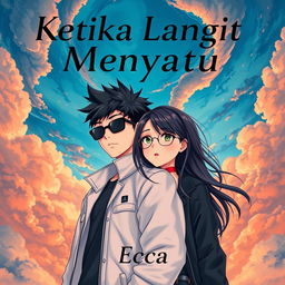 An aesthetic and angst-themed anime-style novel cover for 'Ketika Langit Menyatu', featuring a young man and woman as main characters