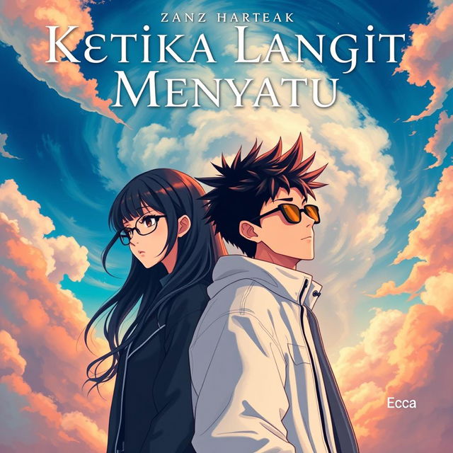 An aesthetic and angst-themed anime-style novel cover for 'Ketika Langit Menyatu', featuring a young man and woman as main characters