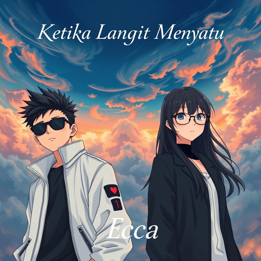 An aesthetic and angst-themed anime-style novel cover for 'Ketika Langit Menyatu', featuring a young man and woman as main characters