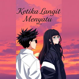 An aesthetic and angst-themed novel cover for 'Ketika Langit Menyatu', featuring anime-style characters