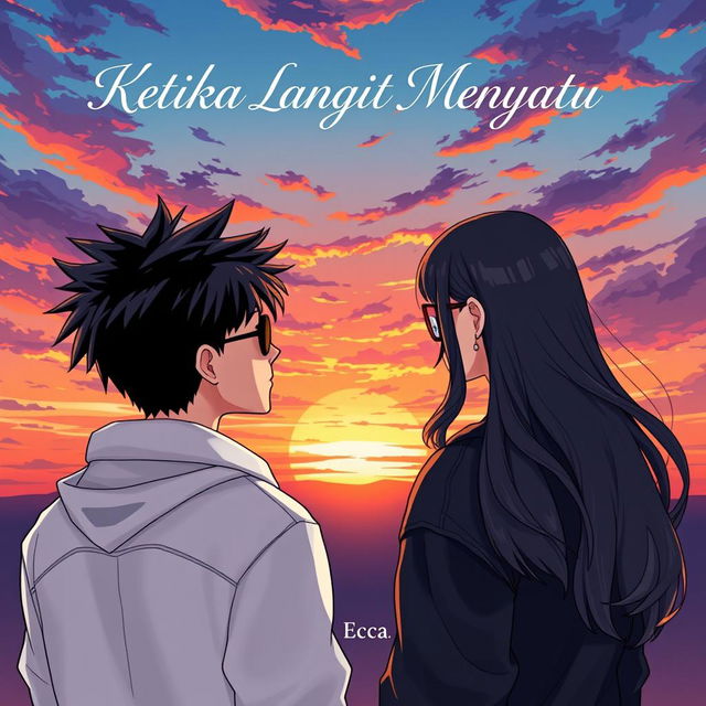 An aesthetic and angst-themed novel cover for 'Ketika Langit Menyatu', featuring anime-style characters