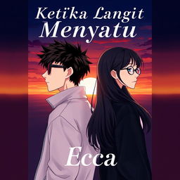 An aesthetic and angst-themed novel cover for 'Ketika Langit Menyatu', featuring anime-style characters
