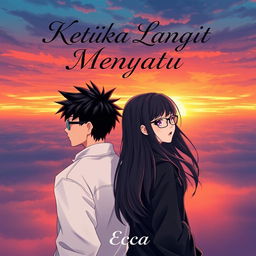 An aesthetic and angst-themed novel cover for 'Ketika Langit Menyatu', featuring anime-style characters