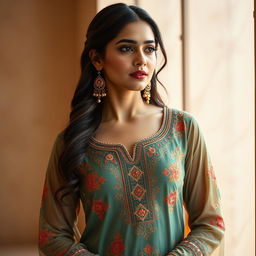 A stunning Pakistani woman wearing a beautifully designed shalwar kameez that showcases elegance